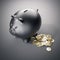 Black piggy bank with a bunch of coins. 3d rendering
