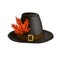 Black Pilgrim hat with autumn red maple leaf isolated on white. Digital imitation of pastel illustration dark headdress