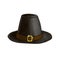 Black Pilgrim hat isolated on white background. Digital imitation of pastel illustration dark headdress with brown belt