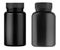 Black pill supplement bottle. Plastic vitamin jar