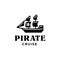 Black pirate battle boat ship trendy line illustration logo cartoon with skull on the sail