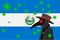 Black plague doctor surrounded by viruses with copy space with EL SALVADOR flag