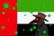 Black plague doctor surrounded by viruses with copy space with UNITED ARAB EMIRATES flag