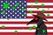 Black plague doctor surrounded by viruses with copy space with UNITED STATES OF AMERICA flag USA