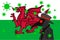 Black plague doctor surrounded by viruses with copy space with WALES flag