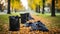Black plastic bags full of autumn leaves. Large black plastic trash sacks with fallen dried leaves stand on the grass