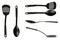 Black plastic kitchen utensils, set and collection