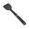Black plastic slotted spoon on white.