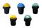 Black plastic trash with green, yellow, blue lid. To separate categories such as recycle, fresh garbage, general waste.  isolated