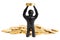 Black plasticine man with coins on his head isolated on a white background. Pile of money. Make money. Heap of coins.