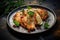 A black plate with fried chicken schnitzel, lemon slices, and herbs