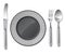 Black plate, silver spoon, fork, knife