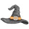 A black pointy witch hat with an orange belt fastened.