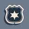 Black Police badge icon isolated on grey background. Sheriff badge sign. Long shadow style. Vector