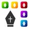 Black Pope hat icon isolated on white background. Christian hat sign. Set icons in color square buttons. Vector