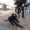 Black puppy dog â€‹â€‹with pink leash playful and curious next to his owner