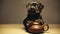 Black puppy teapot wooden table hd footage