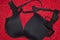 Black push-up bra on red background