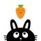 Black rabbit bunny face head silhouette looking up to smiling carrot vegetable. Cute cartoon funny character. Kawaii animal.