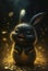 Black rabbit won the casino lottery, gold coins are pouring down from above, gold is everywhere. The happy rabbit rejoices in