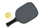 Black racket and yellow pickleball ball on isolated background