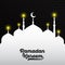 Black Ramadan Kareem lettering on white mosque with yellow light and dark black brick wall. Vector illustration