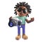 Black rastafarian cartoon character holding a camera, 3d illustration