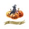 Black raven bird on pumpkin. Watercolor halloween illustration. Black crow in witch hat and magic wand on scary jack