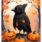 Black raven bird with pumpkin. Watercolor halloween illustration. Halloween decorative element. Black crow on scary jack pumpkin