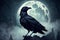 A black raven looking sideways in front of a hollowing moon in a spooky atmosphere.