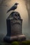 A black raven sits on a grave in a cemetery. AI genarated