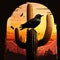 A black raven sitting on a cactus at sunset. For your design