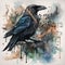 A black raven sitting on top of a tree branch. AI generative image.