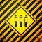 Black Reagent bottle for physics and chemistry icon isolated on yellow background. Warning sign. Vector