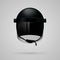 Black realistic police helmet mask isolated on light background.