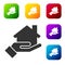 Black Realtor icon isolated on white background. Buying house. Set icons in color square buttons. Vector Illustration