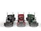 Black, red, and green classic eighteen wheeler trucks without trailers - top down view