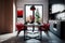 Black and red kitchen. Meeting area, dining room, black square table, red chairs. Dining modern kitchen, interior. Luxury kitchen.
