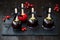 Black and red poison caramel apples. Traditional dessert recipe for Halloween party.