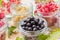 Black red white currants gooseberries cherries jars preparations
