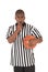 Black referee blowing whistle holding basketball