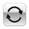 Black Refresh icon isolated on white background. Reload symbol. Rotation arrows in a circle sign. Silver square button