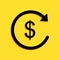 Black Refund money icon isolated on yellow background. Financial services, cash back concept, money refund, return on