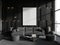 Black relax room interior couch and coffee table with window, mockup frame