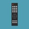 Black remote control for TV or multimedia player with gray buttons, vector on a green background