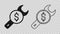 Black Repair price icon isolated on transparent background. Dollar and wrench. Vector
