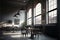 Black restaurant interior, gray walls, a concrete floor, arched windows, Generative AI