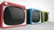 Black retro TV sets with red, blue and green fronts