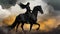 black rider on black horse at sunset in desert