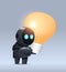 black robot cyborg holding light lamp modern robotic character with bright bulb new project creative idea